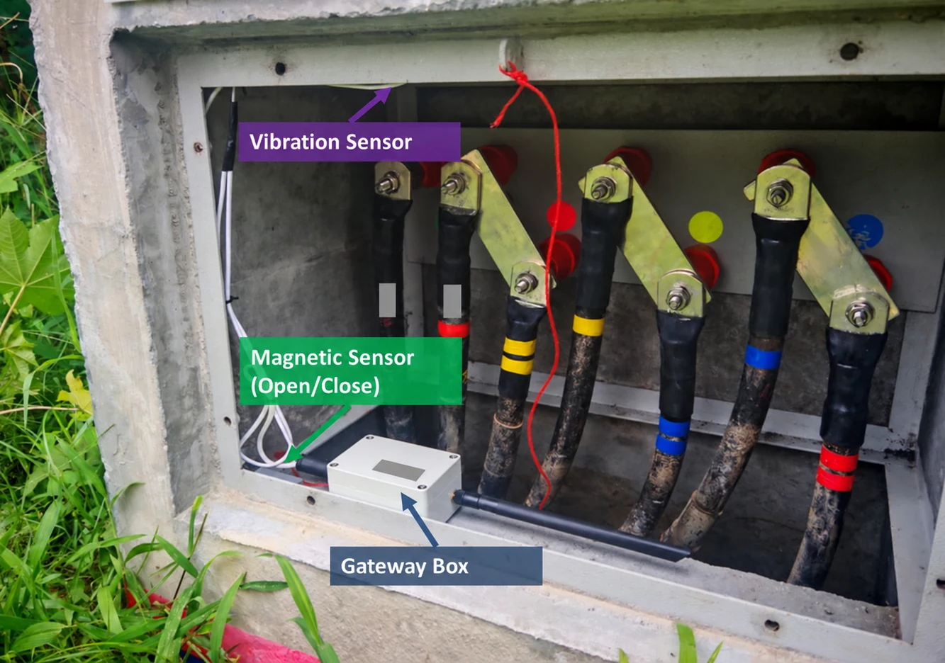 Open-close and vibration sensor arrangement inside a roadside enclosure; equipment identifiers redacted