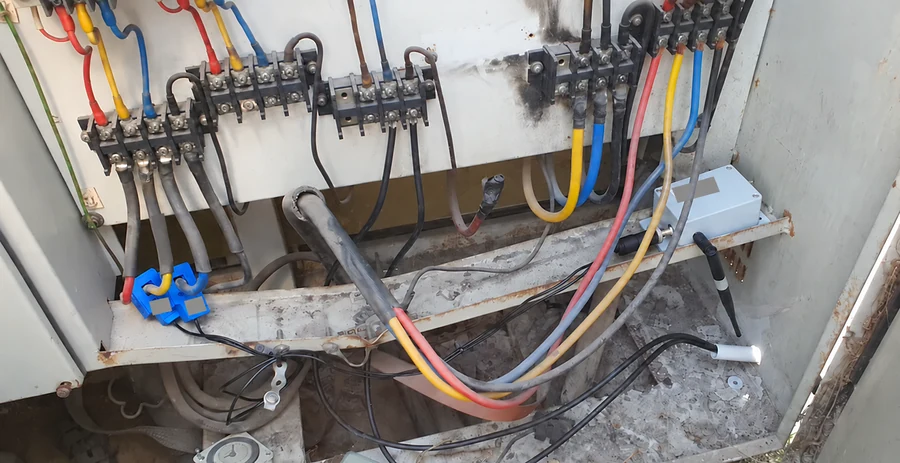 Clamp-type current sensors and monitoring hub installed in an electrical feeder enclosure; equipment labels redacted