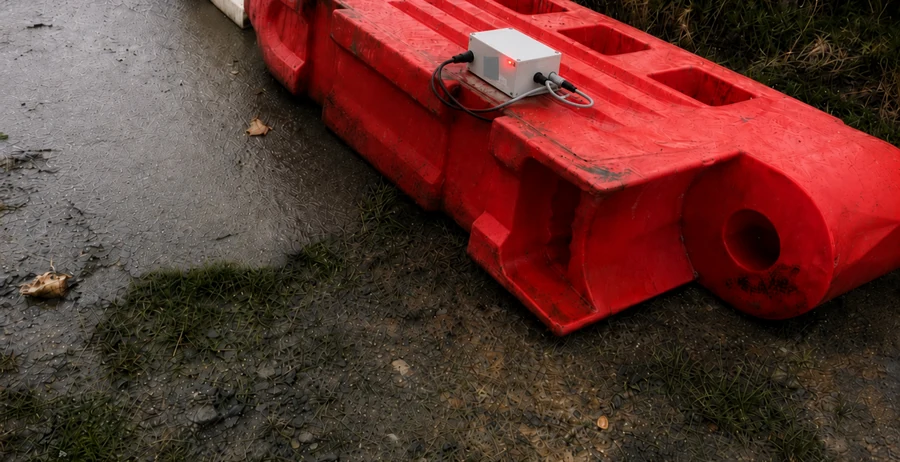 Monitoring sensor on a road barrier during controlled prototype testing; equipment label redacted